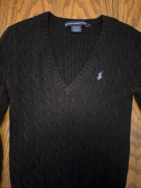 Ralph Lauren Sport Black Cable-Knit V-Neck Sweater with Purple Pony